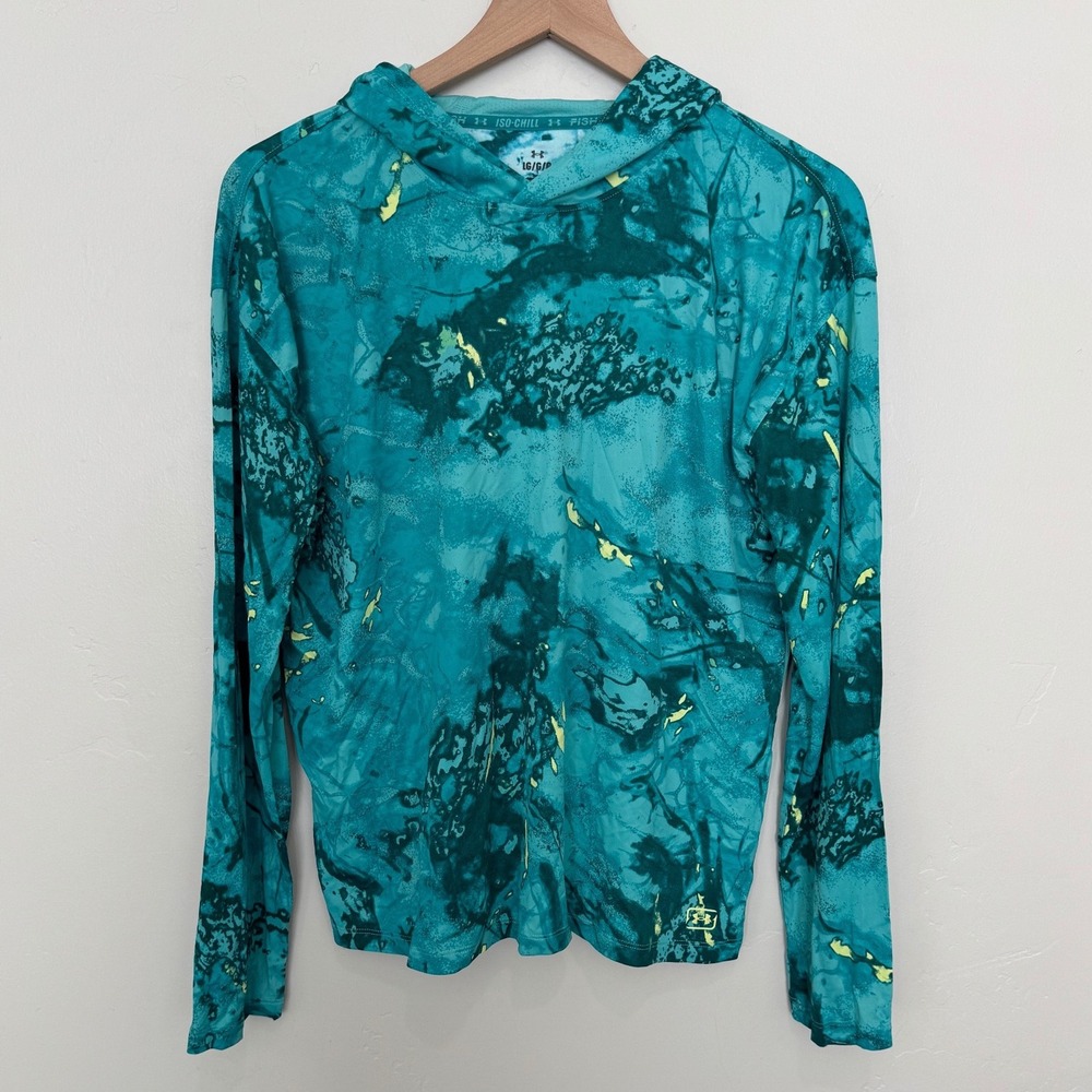 Under Armour Womens Iso-Chill Shorebreak Hoodie Teal Camo Sun Shirt Fishing L
